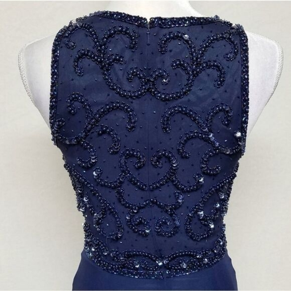 Rare Vintage 70s Blue Silk Chiffon Beaded Sequin High Neck Sleeveless Maxi Dress - Picture 12 of 14